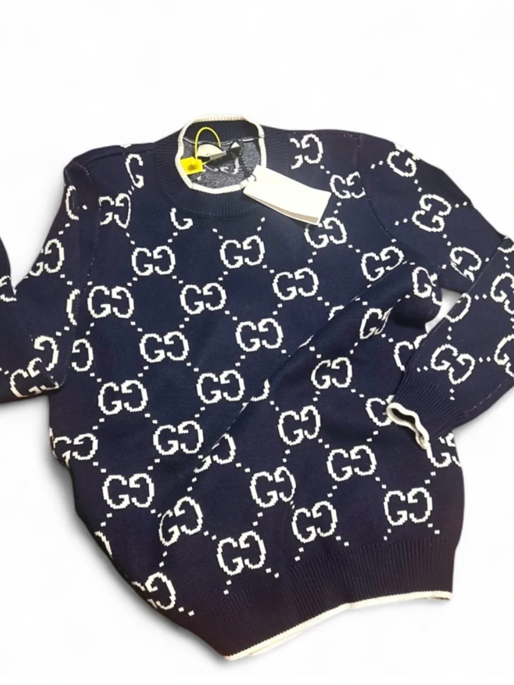 Gucci Navy and White GG Logo Crew Neck Sweater